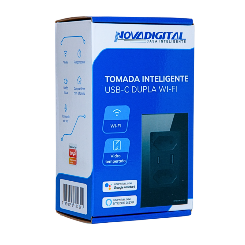Tomada Inteligente Dupla USB-C Preta S2C-USB-C Nova Digital