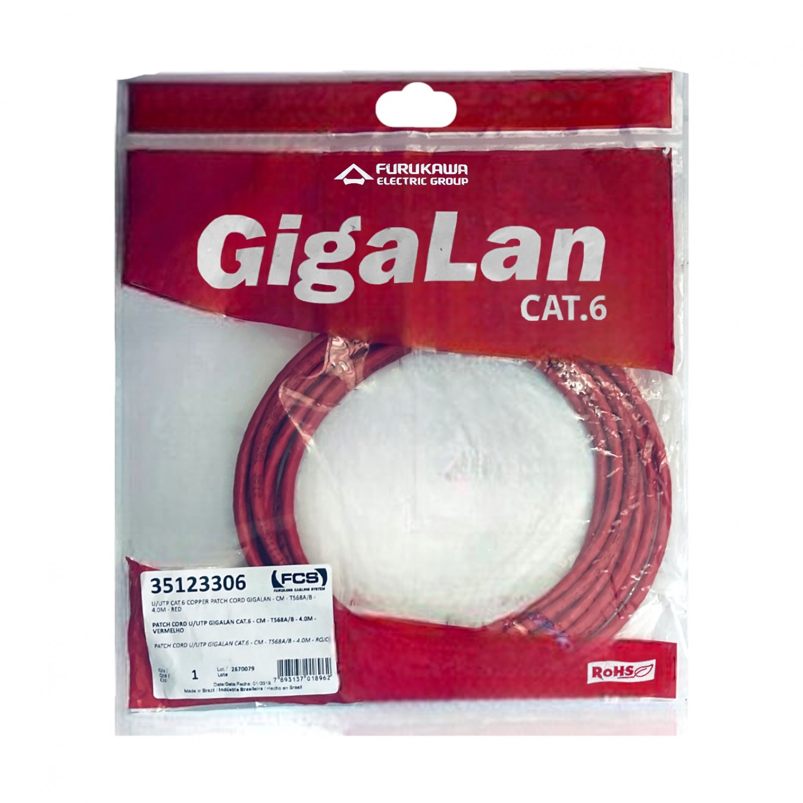 Patch Cord Cat6 4M Furukawa Gigalan Vermelho