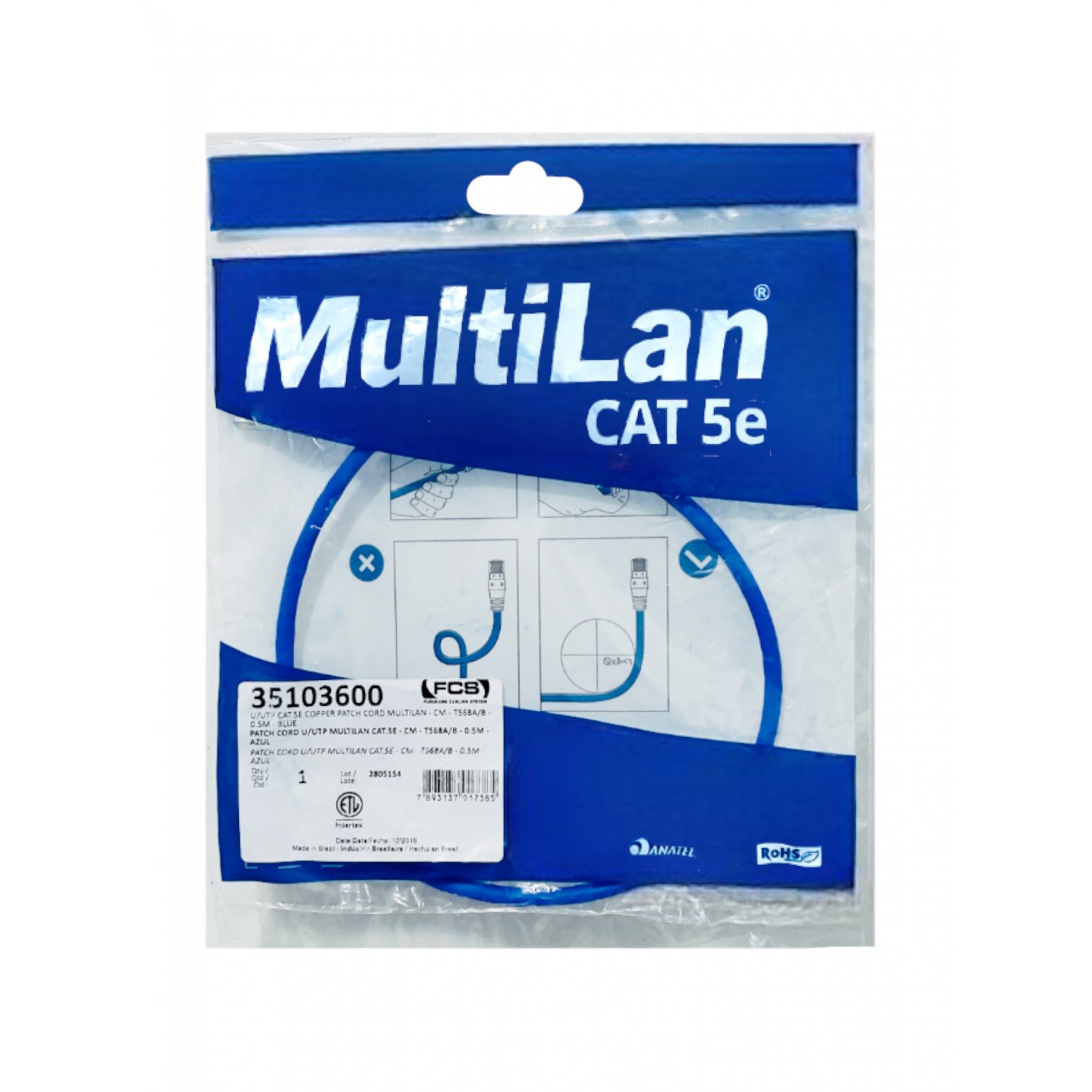 Patch Cord Cat5e 0,50cm Furukawa Multilan Azul